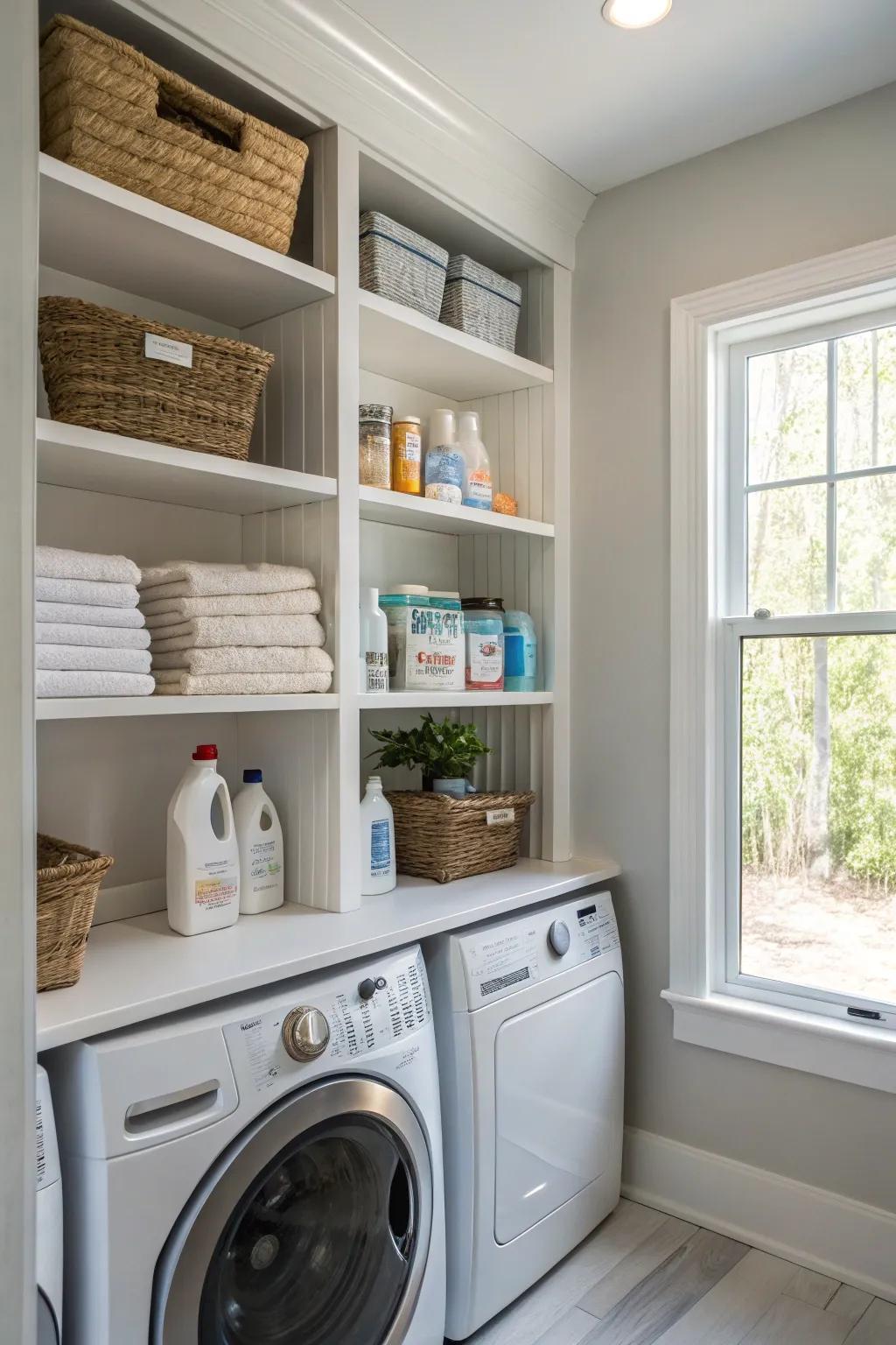 Integrated shelves provide clever storage answers.