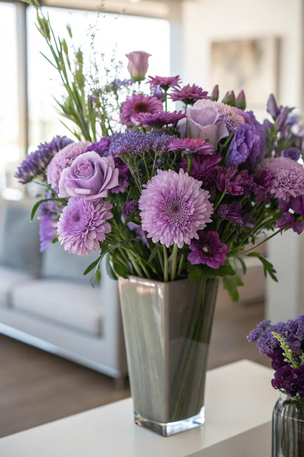 An exquisite floral display with violet flowers enhancing the elegance of the area.