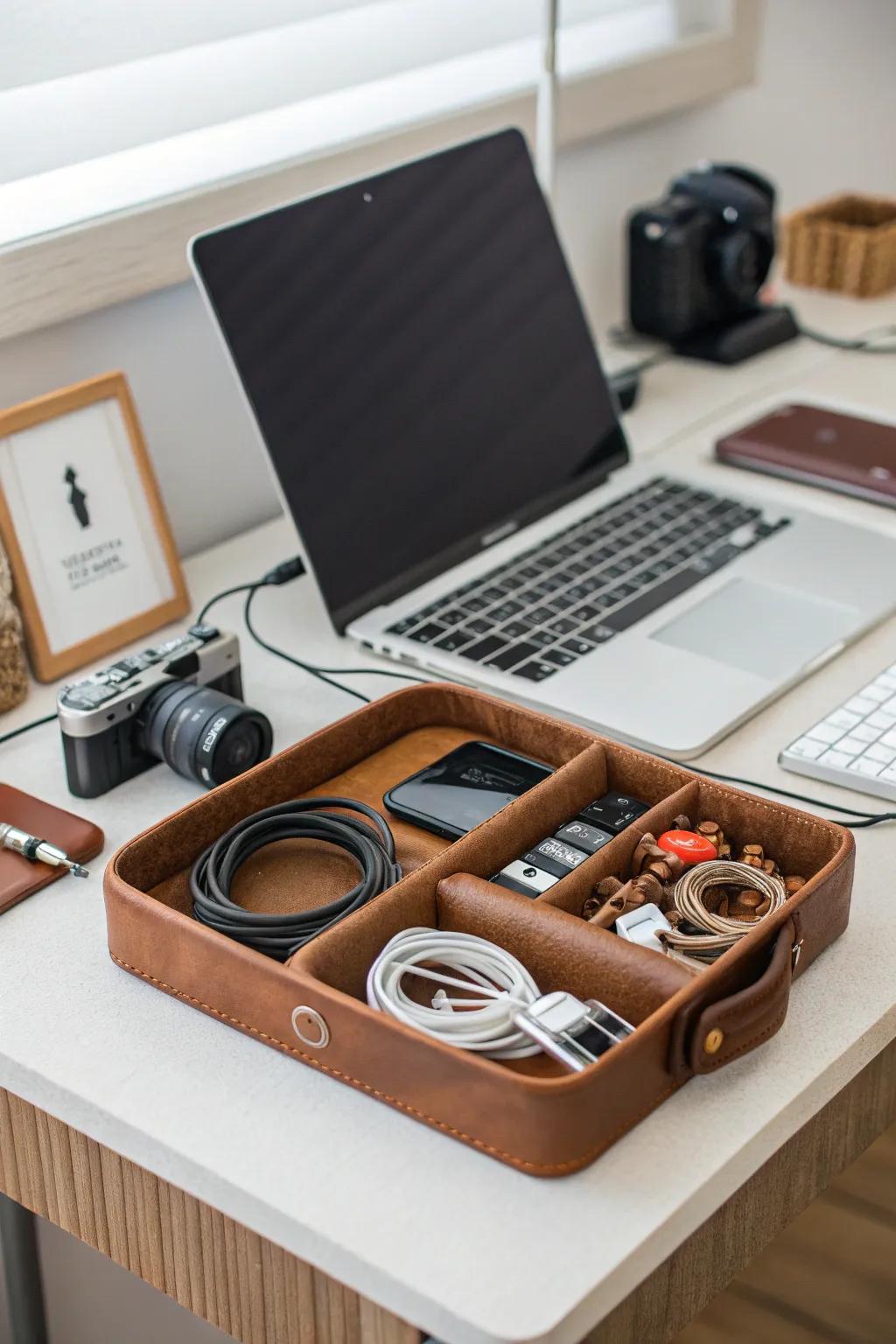 Maintain neat cables with fashionable hide organizers.