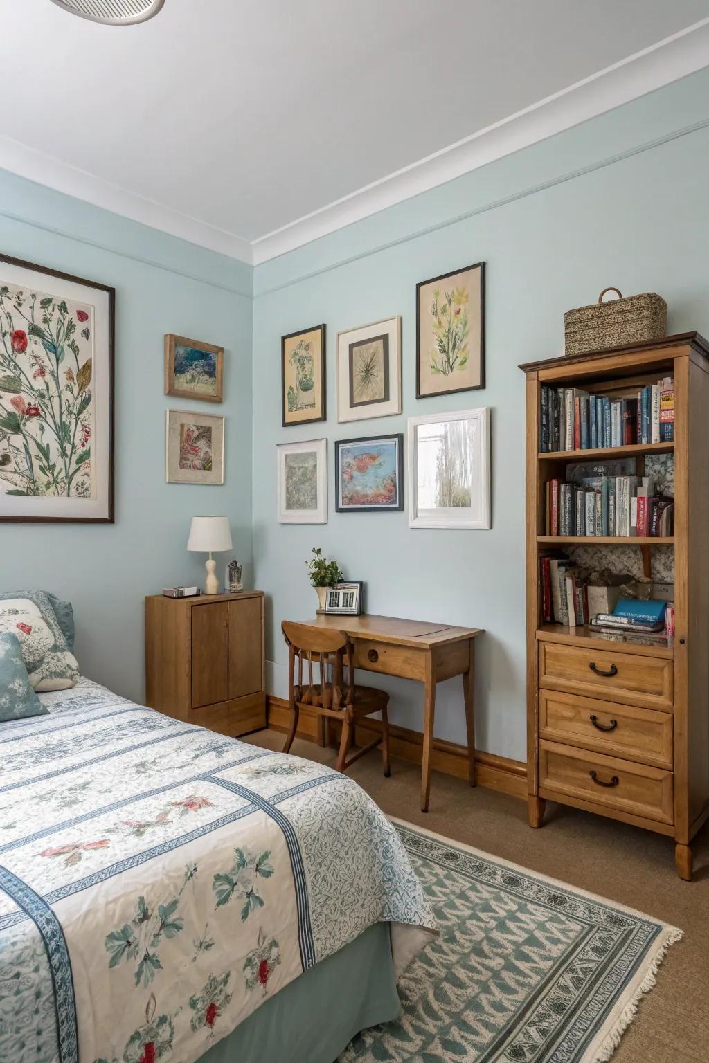A bedroom with light blue walls working as a backdrop for art and personal collections.
