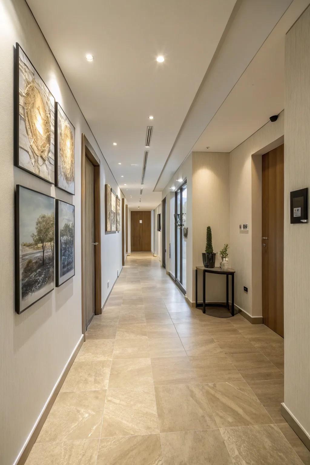 Beige vinyl flooring adds understated luxury to this contemporary hallway.