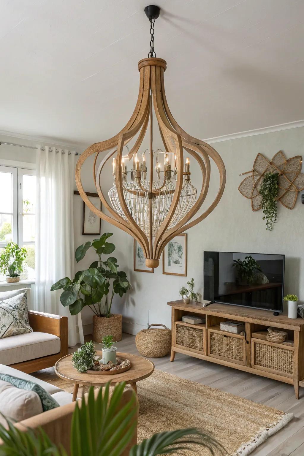 A living room with a chandelier showcasing organic forms and natural inspirations.