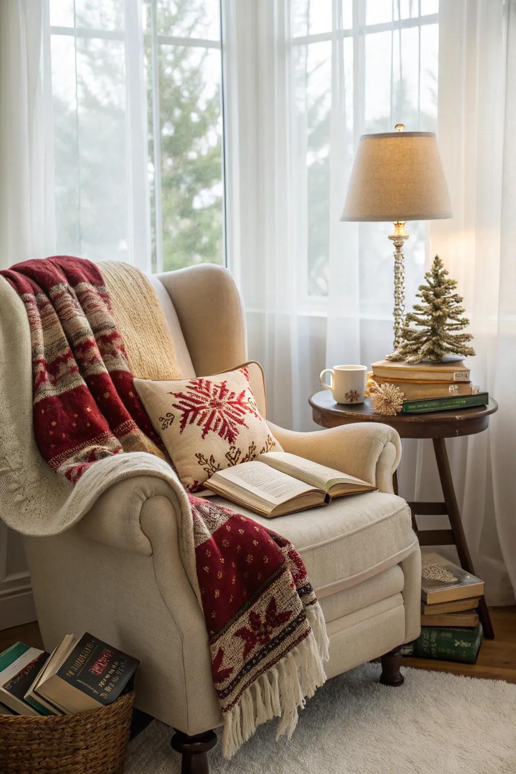 A cozy reading nook provides a tranquil retreat during the holiday rush.