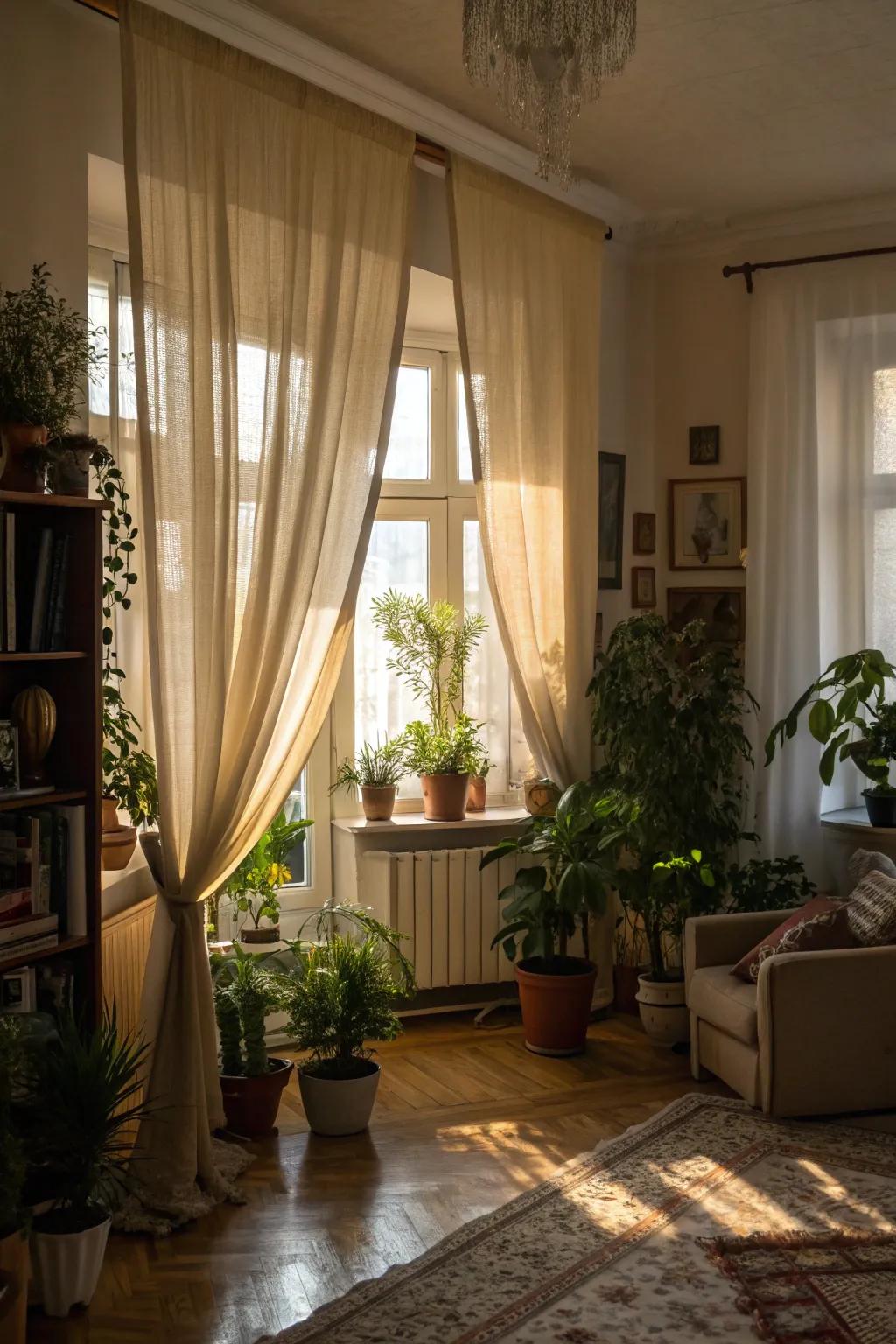 Achieve a fresh, natural living room ambiance by pairing window coverings with greenery.