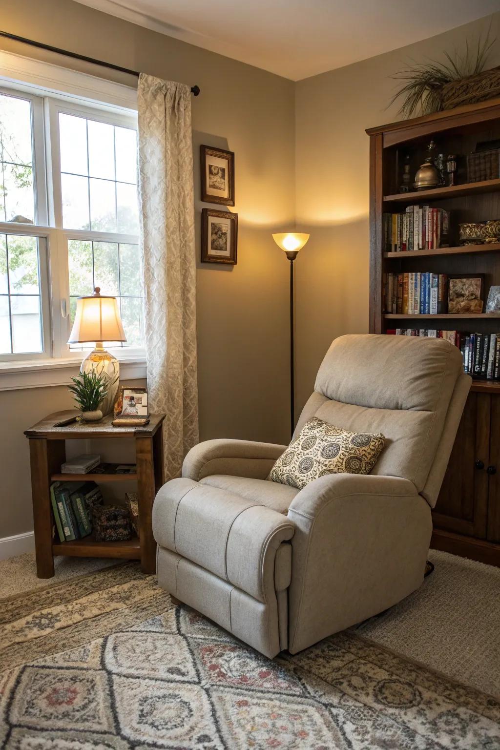 A clever utilization of space with a corner recliner in a small living space.