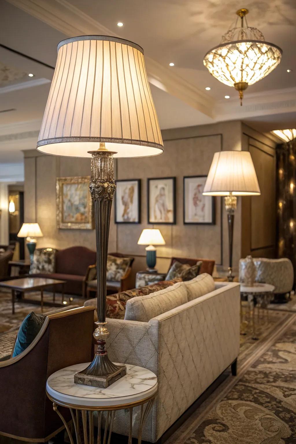 Decorative lamps enhance the lighting and style of the living room.