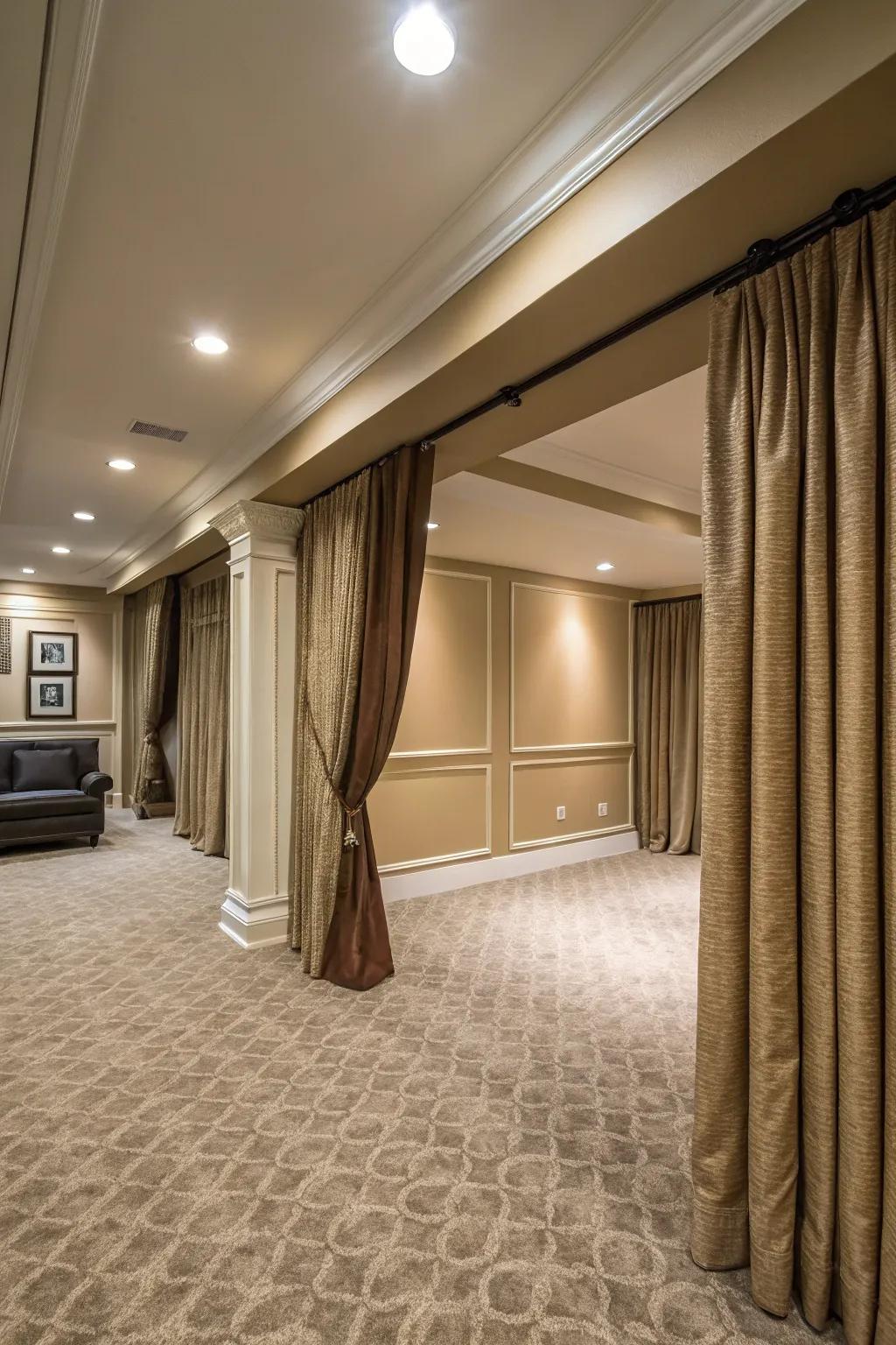 Curtains running from the roof to the flooring include vertical lines and style in the room.