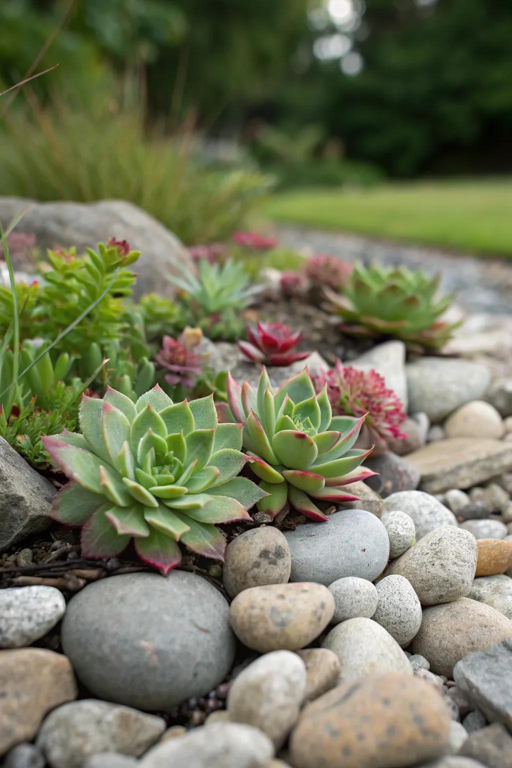 Combine juicy plants with pebble stones for a stunning, low-upkeep space.