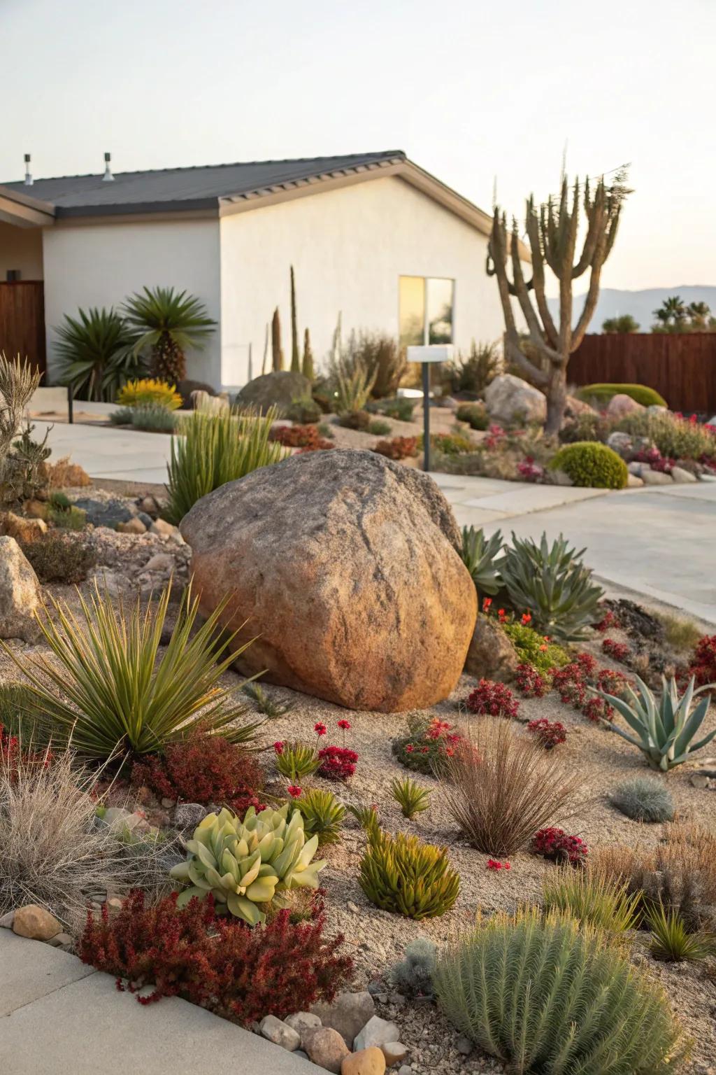A visual anchor boosts the aesthetic effect of a xeriscape front garden.