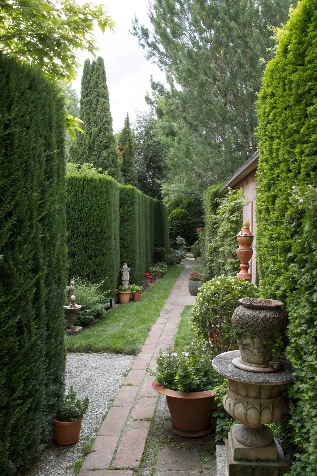 Tall hedges offering a private retreat in the backyard.