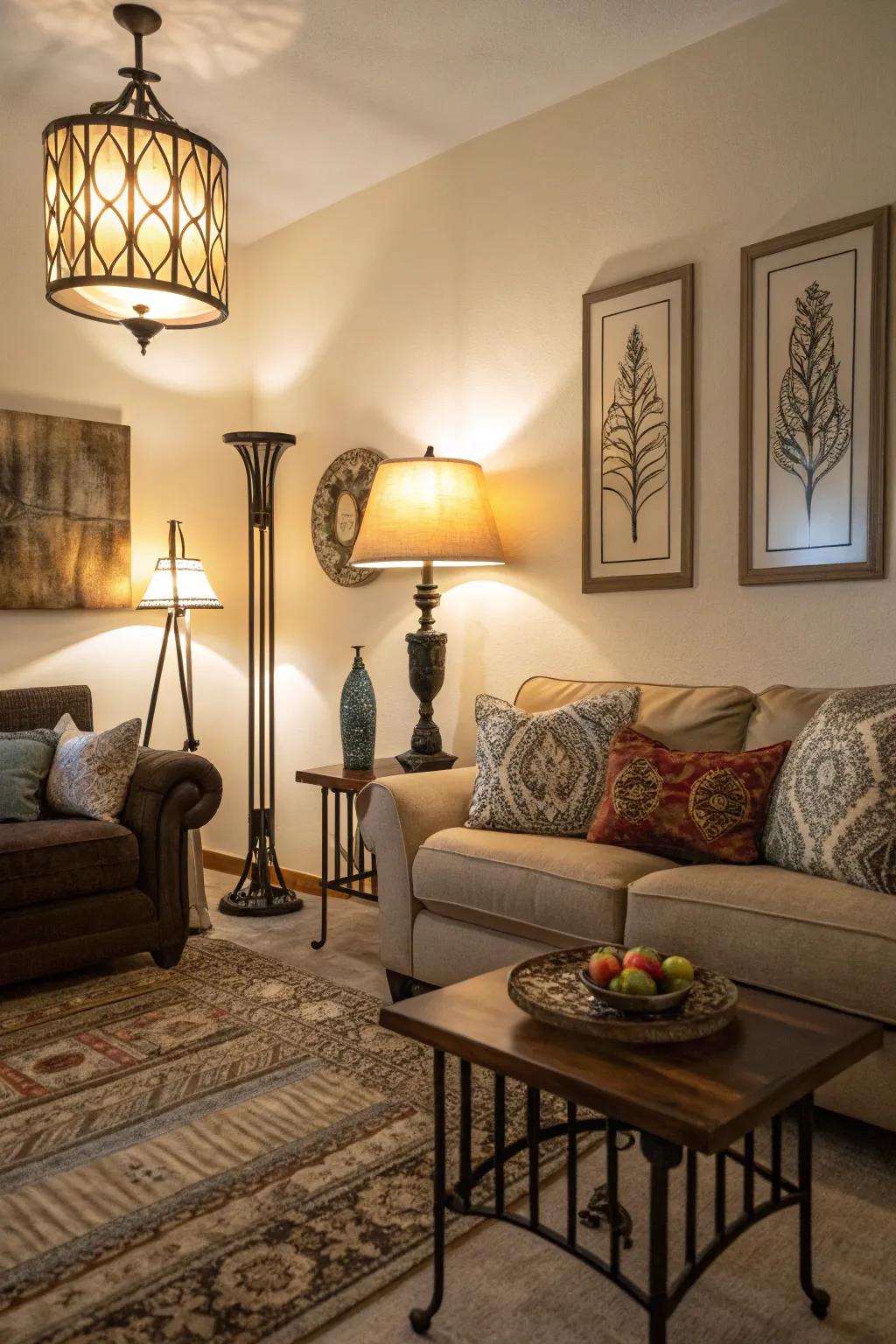 Layered lighting incorporates depth and atmosphere to this elegant lounge.