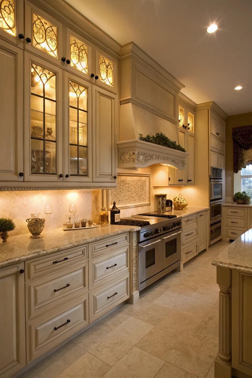 Backlit cabinets add warmth and highlight decor.