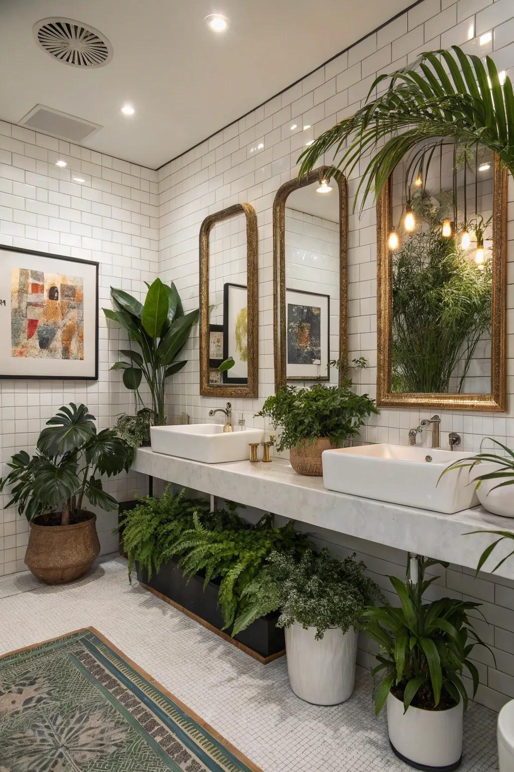 A contemporary bathroom decorated with plants and elegant mirrors.