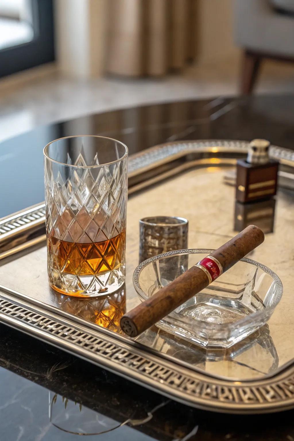 A cigar and whiskey tray combines elegance with function.
