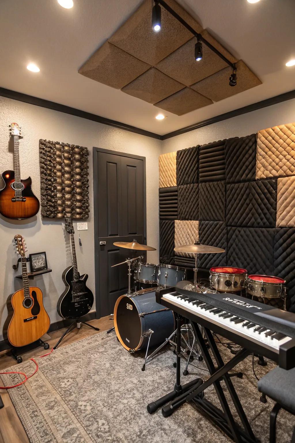 Soundproof music zone with acoustic panels and instruments.