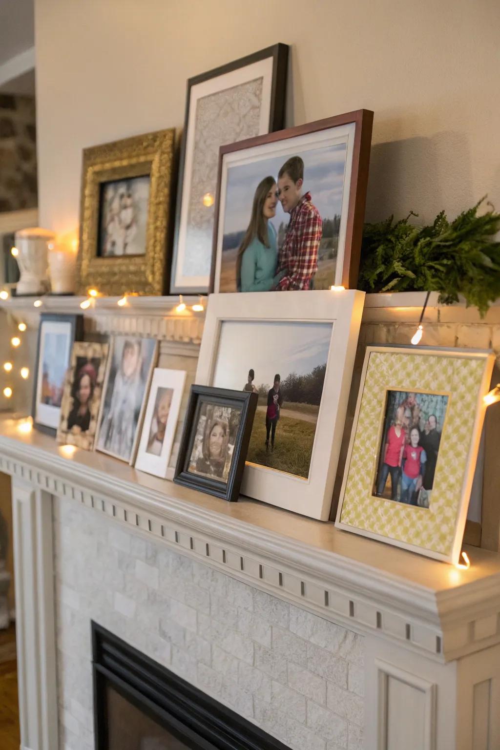 Family photos add a touching and personal feel to the mantel.