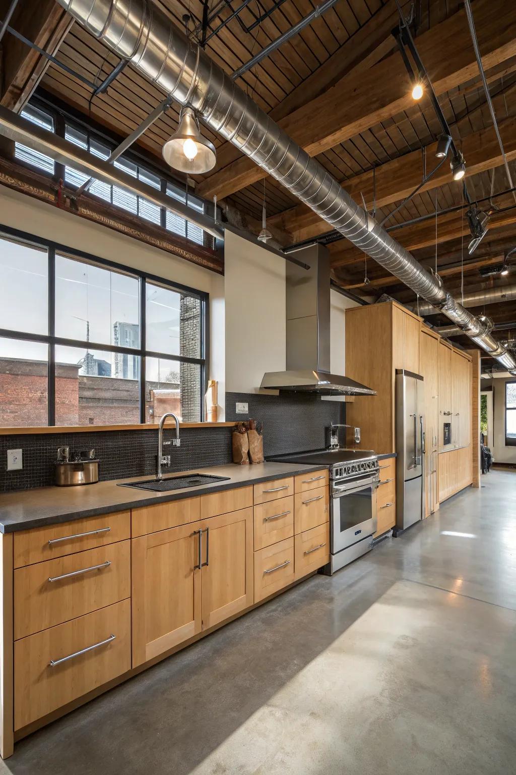 An industrial-style kitchen featuring birch units for a modern twist.