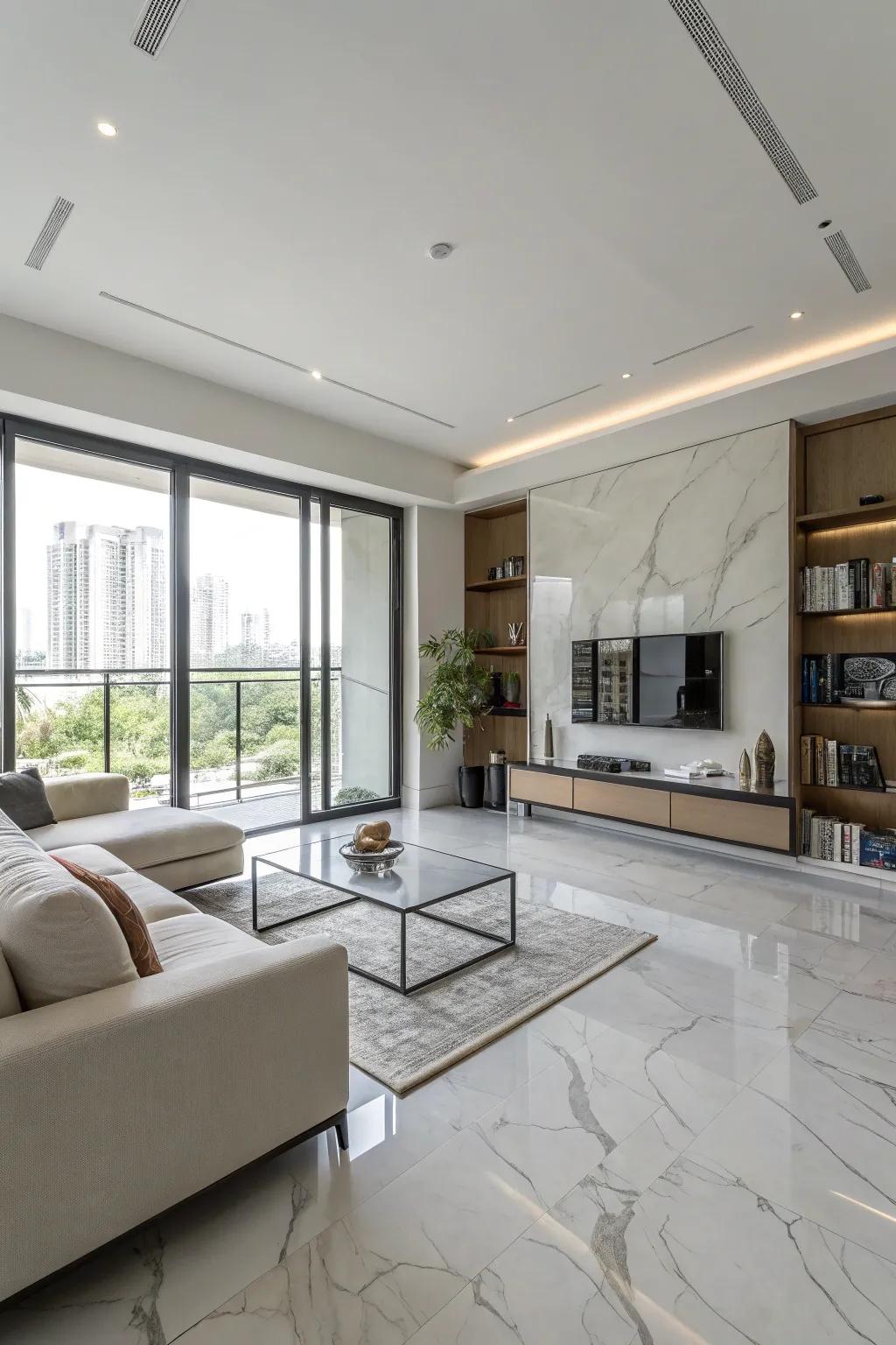 Understated design highlights the elegance of stone floors.