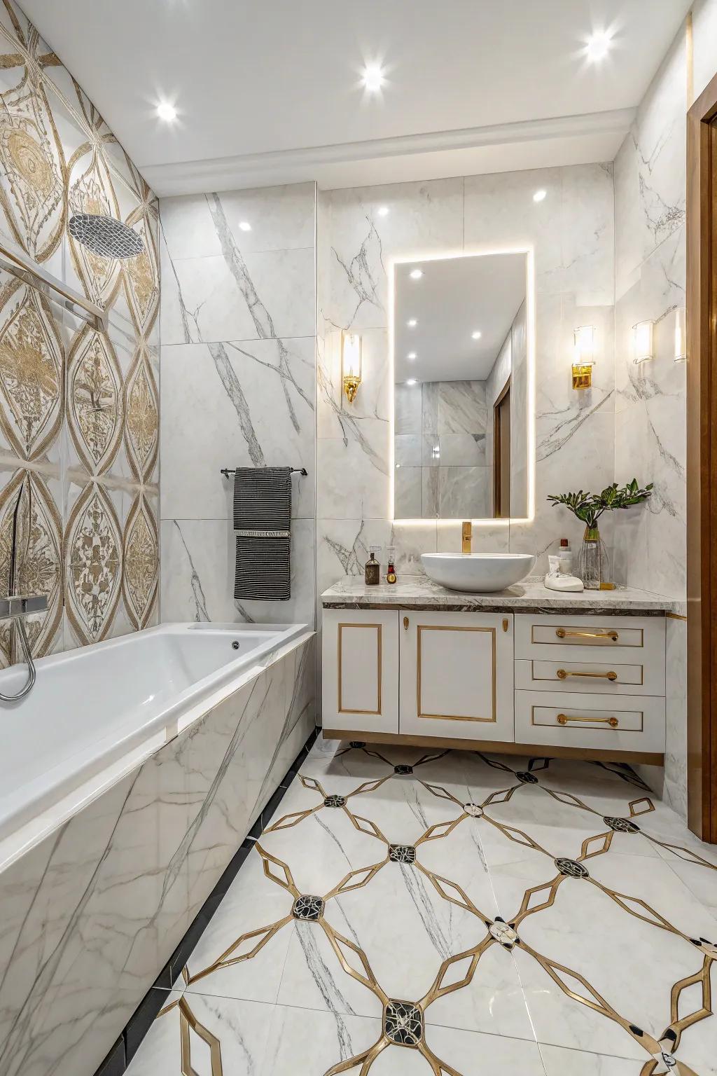 A dynamic bathroom design with a mix of glossy and matte artificial marble stone surfaces.
