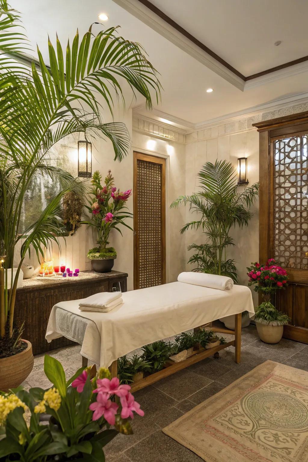 A massage space with a pretty tropical theme.