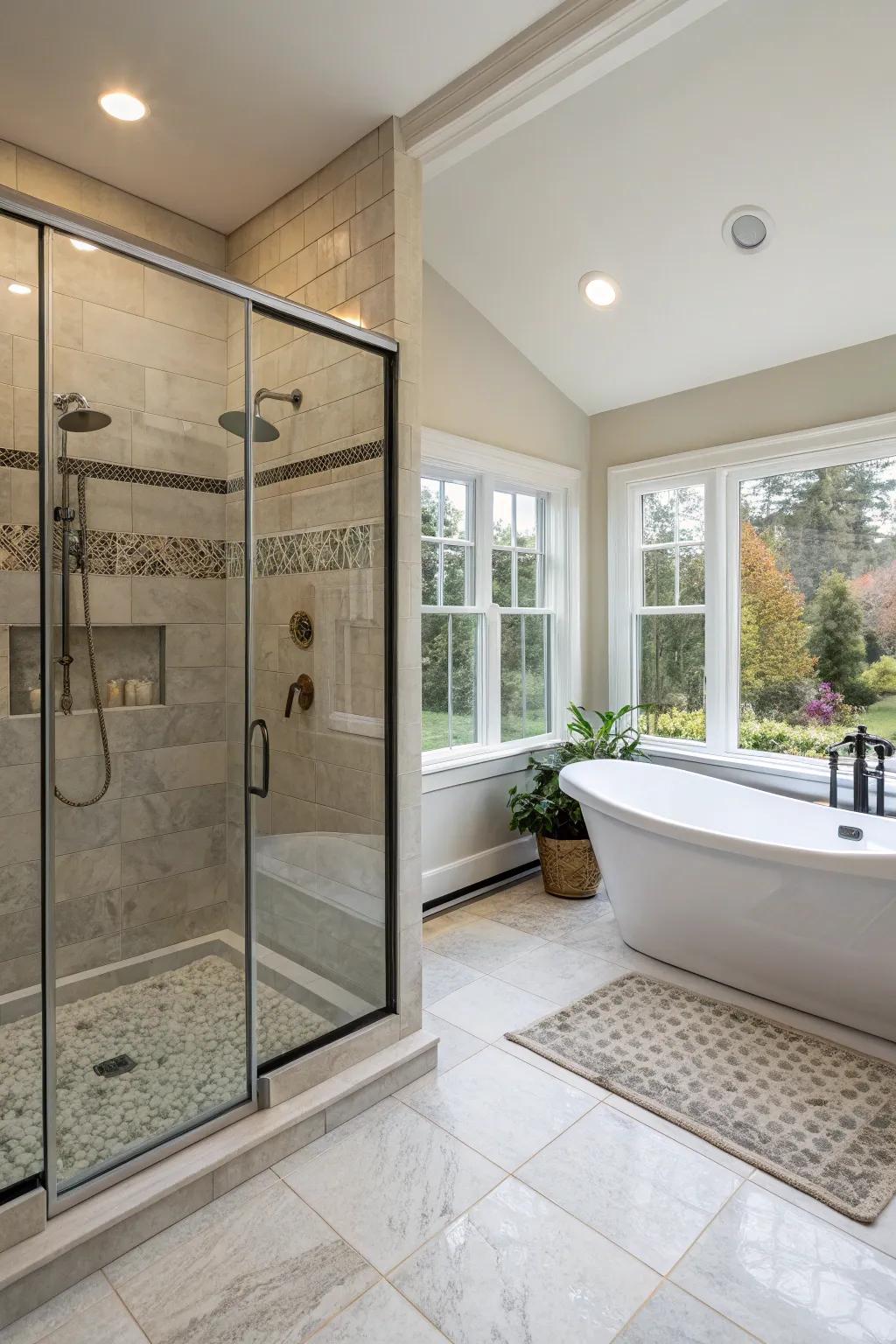 A master lavatory featuring a walk-in shower and detached soaking tub.