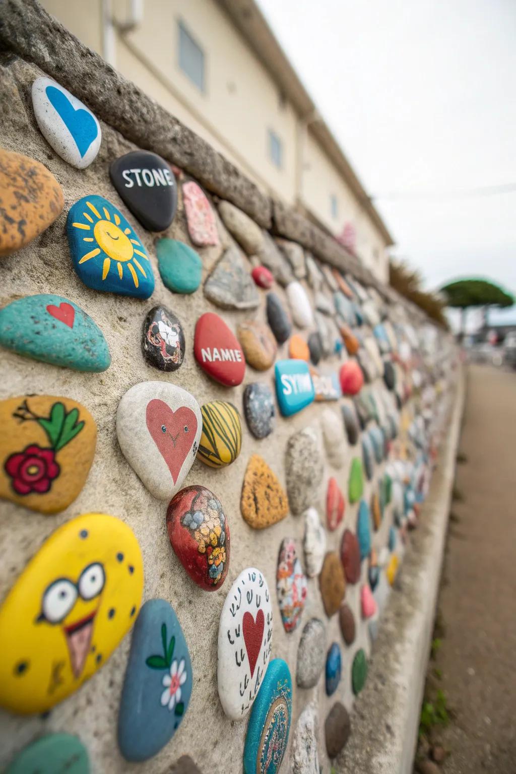 Hand painted stones articulating narratives on a garden memorial partition.