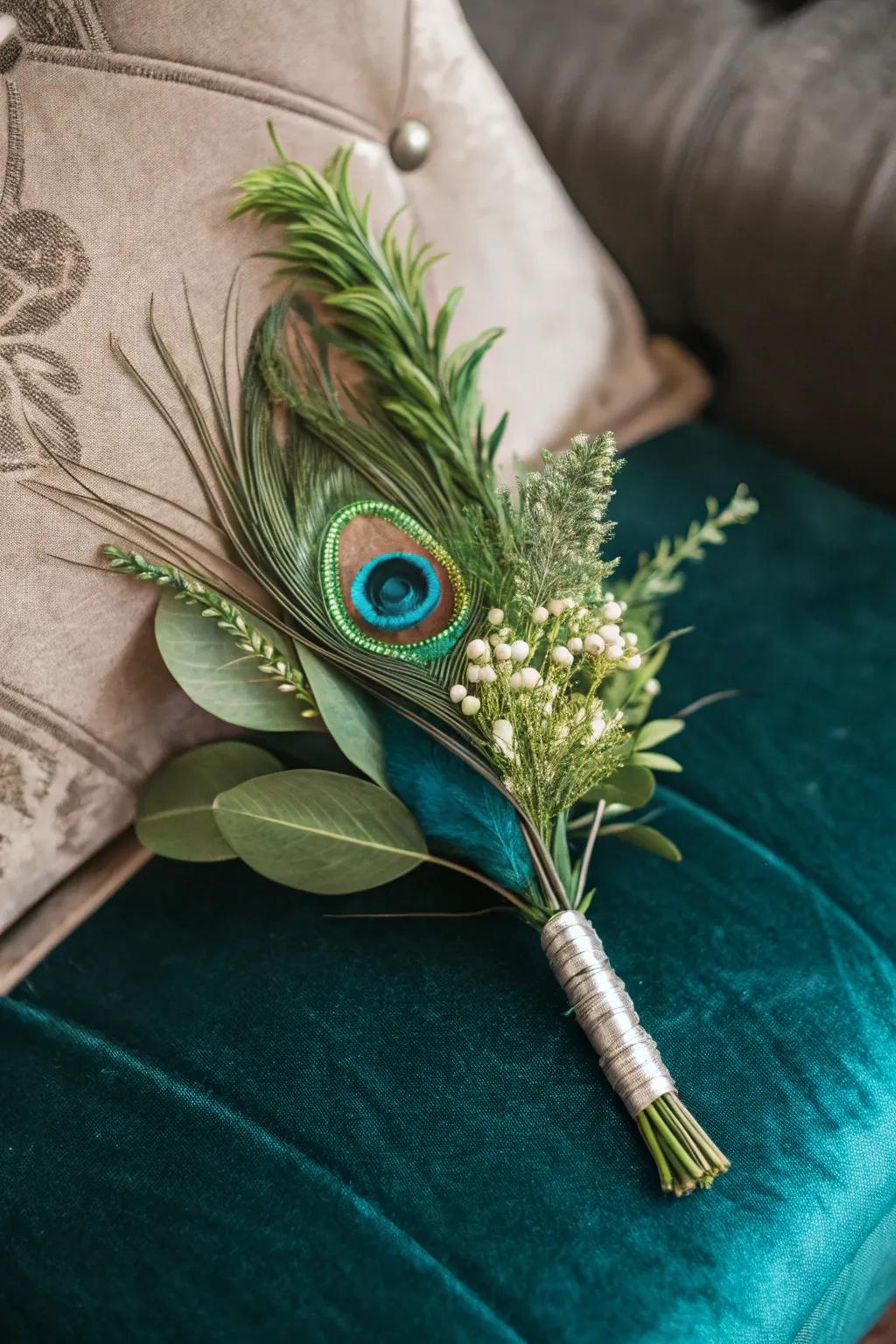 A peacock plume boutonniere lends a distinctive detail.