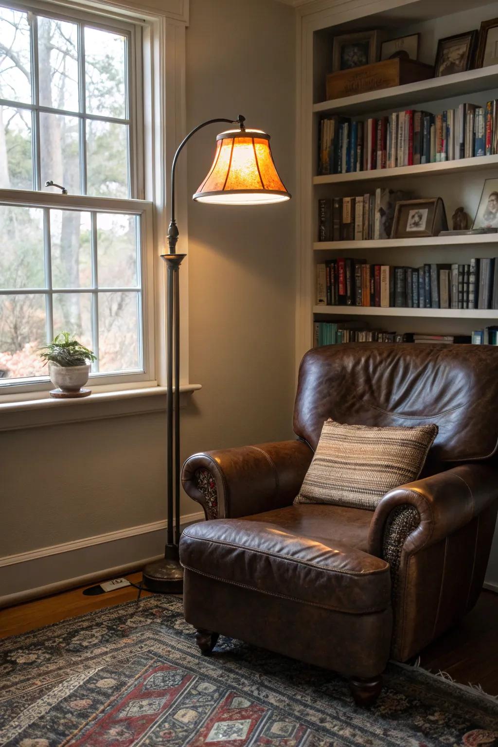 A cozy reading corner delivers a private escape within the home.