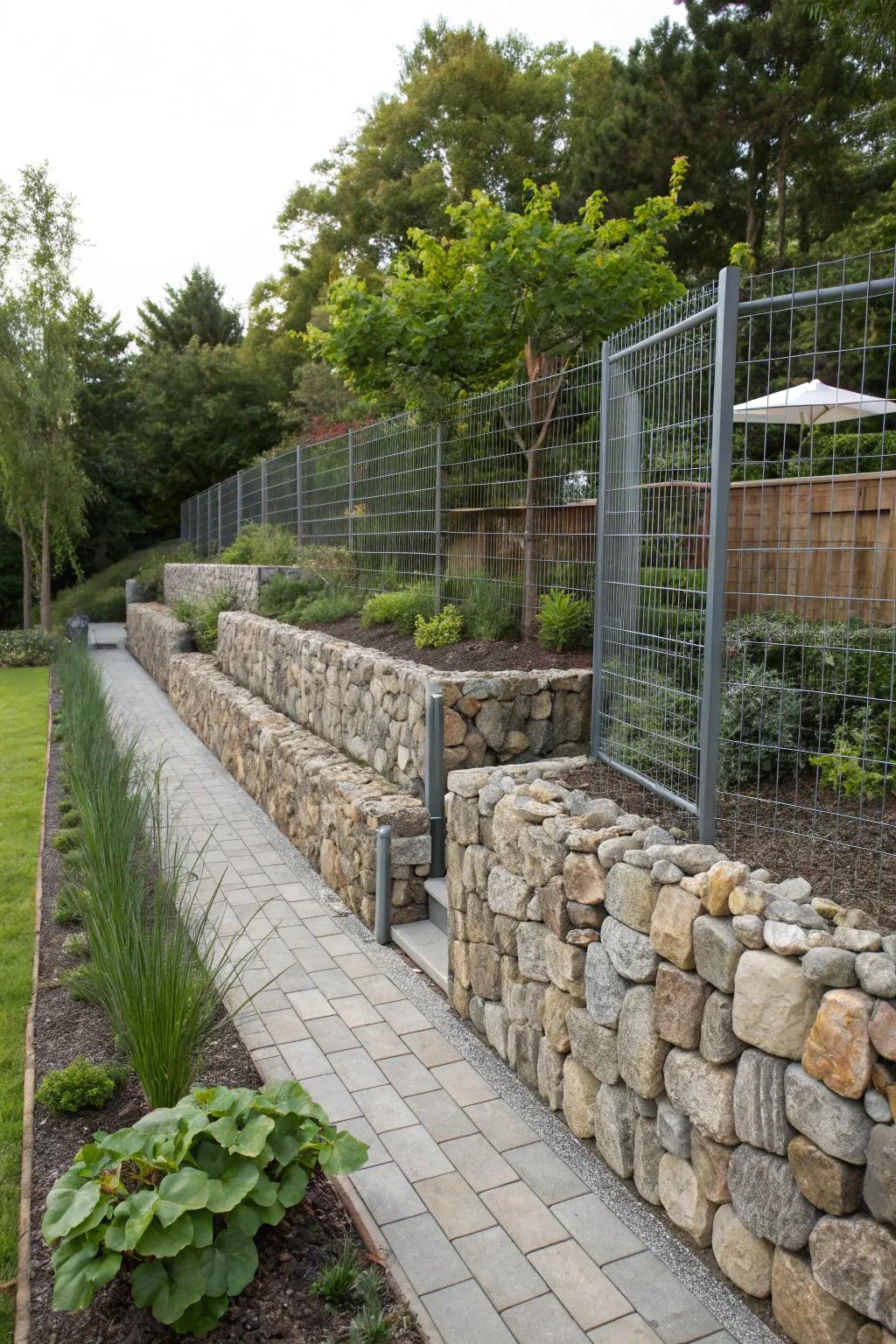 Gabion structures blend nature with metal frameworks