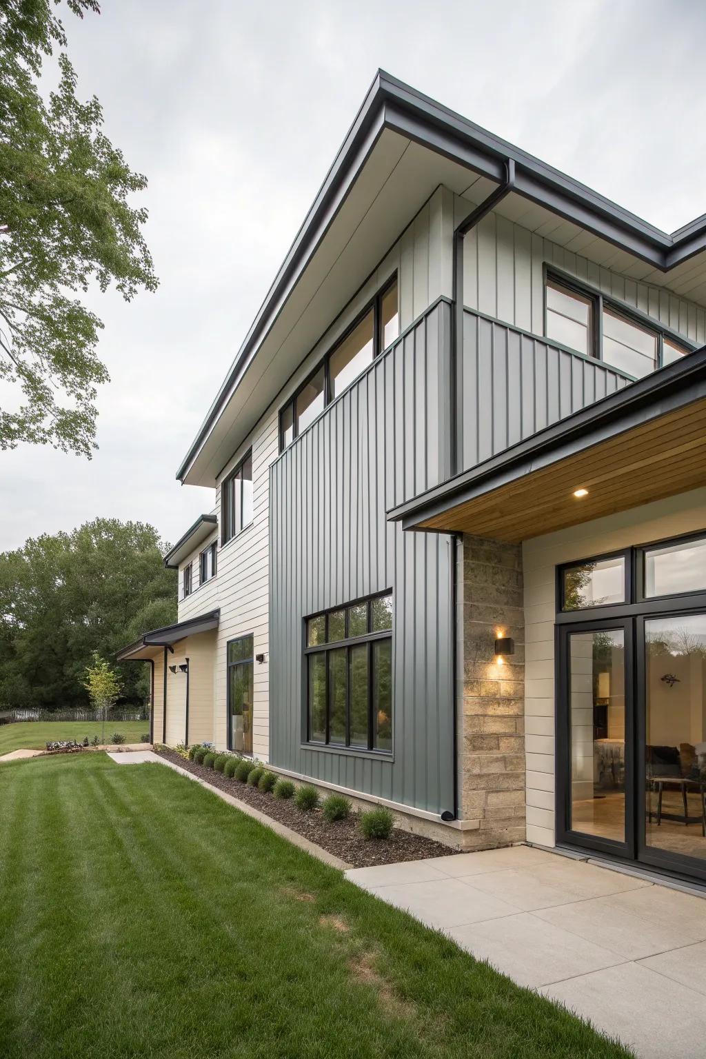 A modern house utilizes highlight metal cladding to emphasize its distinct architectural features.