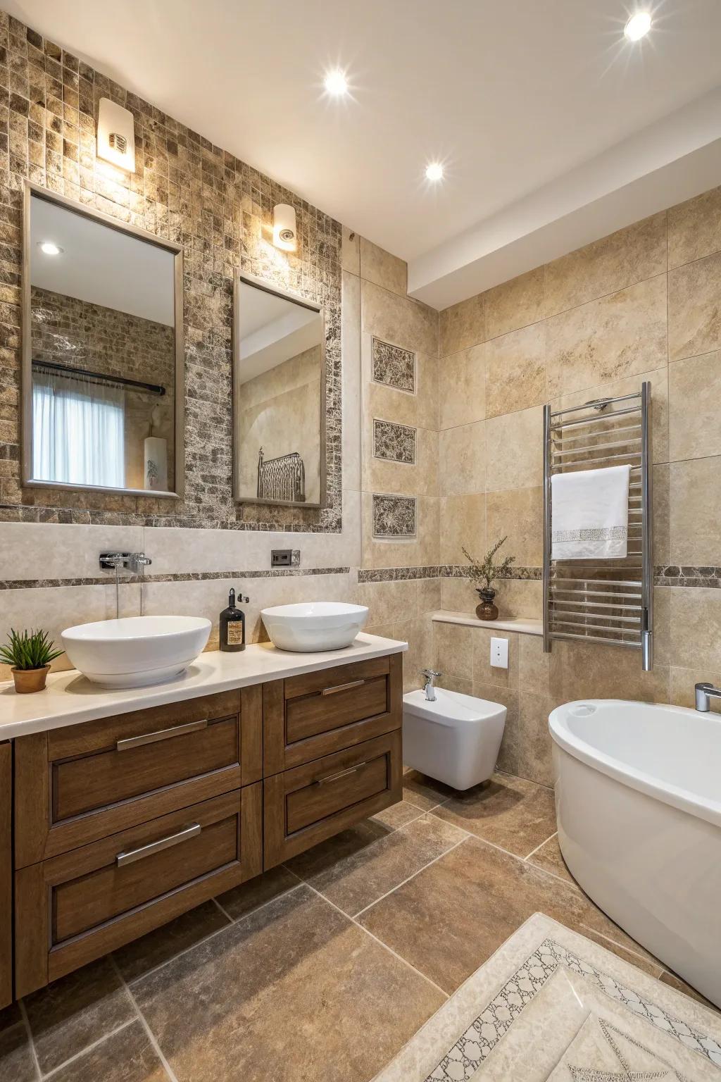 Raw elements contribute texture and depth to the lavatory.