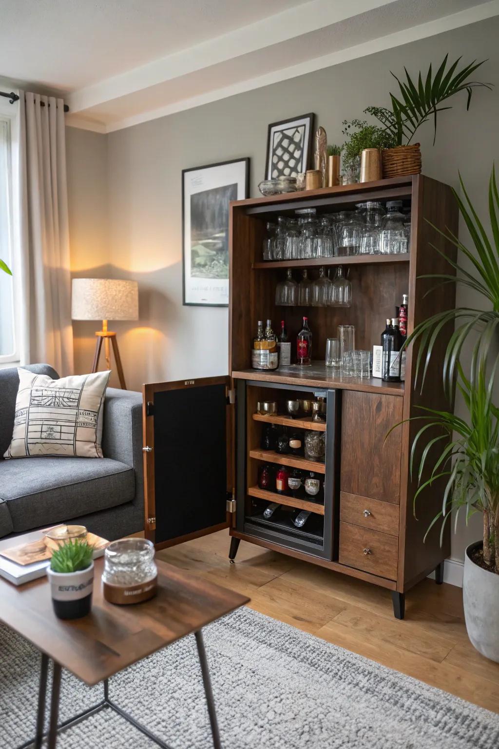 A small bar unit effectively arranges must-haves in constrained footprints.