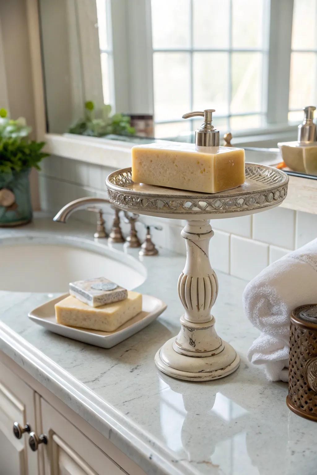 A base adds height and visual interest to the bathroom counter.