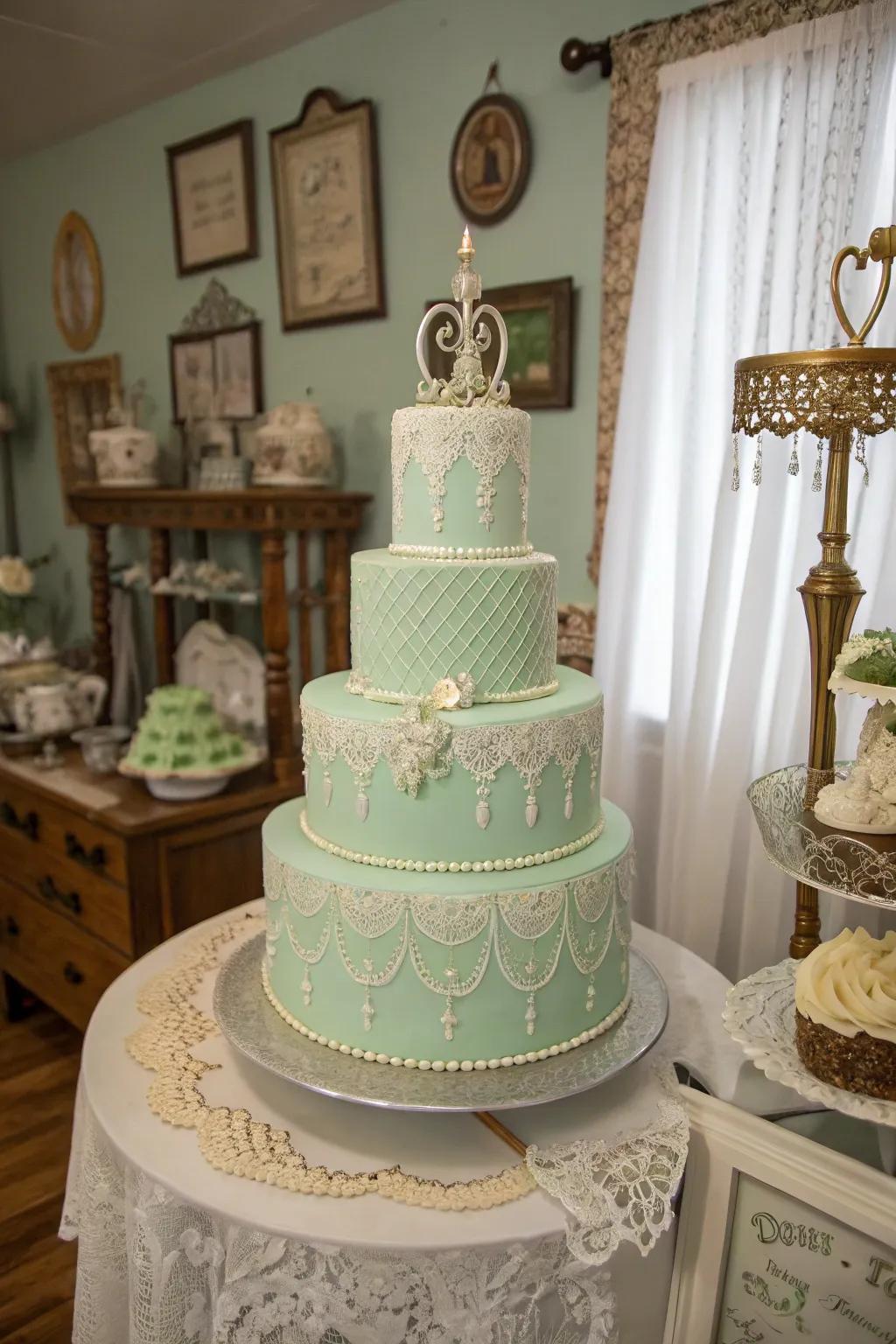 A seafoam confection featuring retro allure and elegance.
