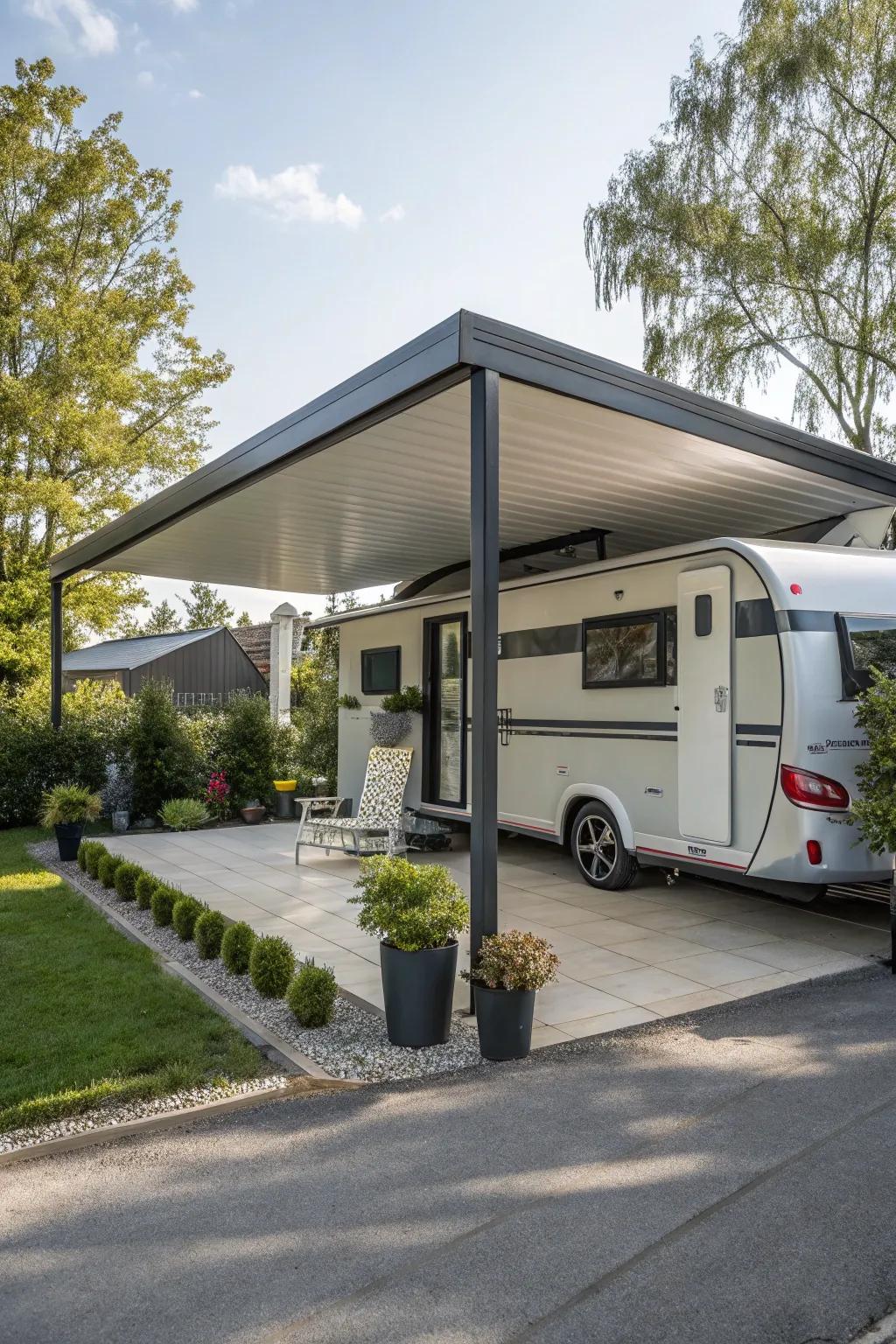 A sleek car shelter providing protection beside a manufactured home.