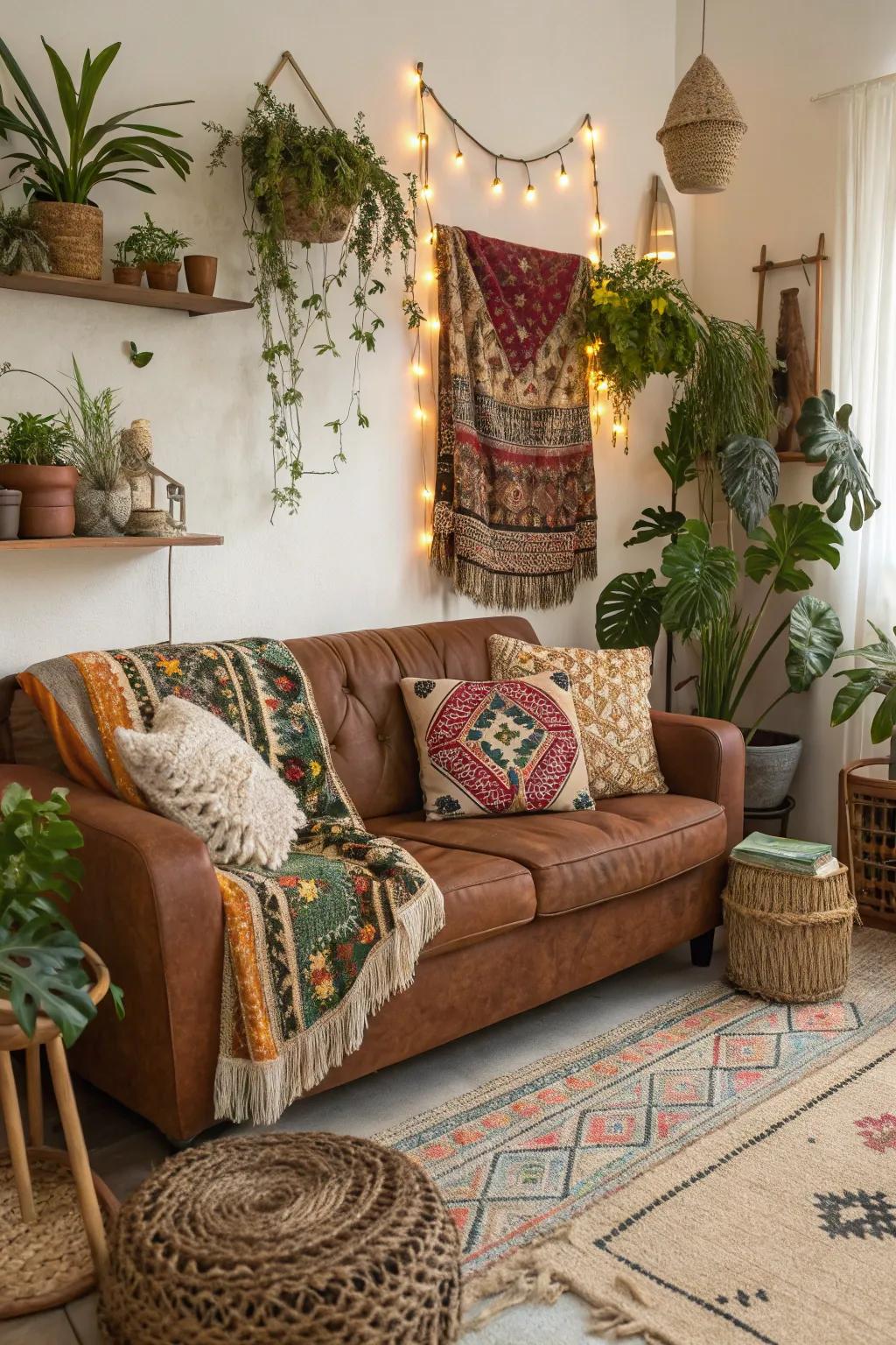 Bohemian facets establish a relaxed and vibrant space across the cocoa-colored sofa.
