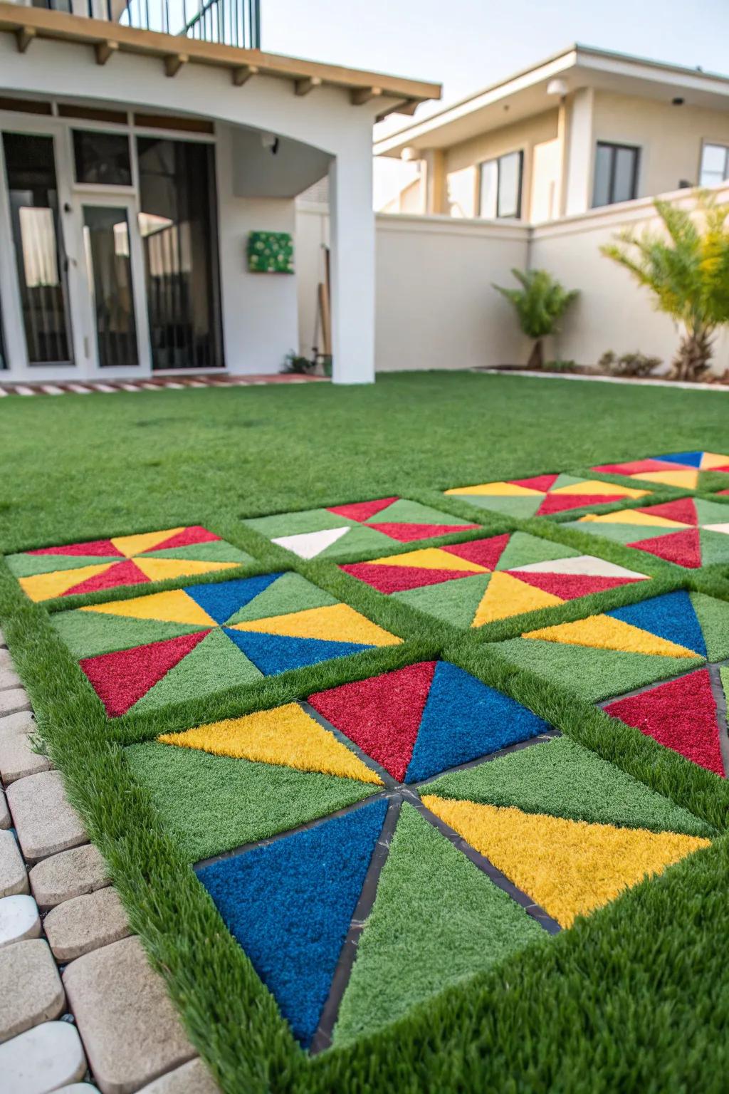 Geometric layouts add an artistic touch to the artificial grass setup.