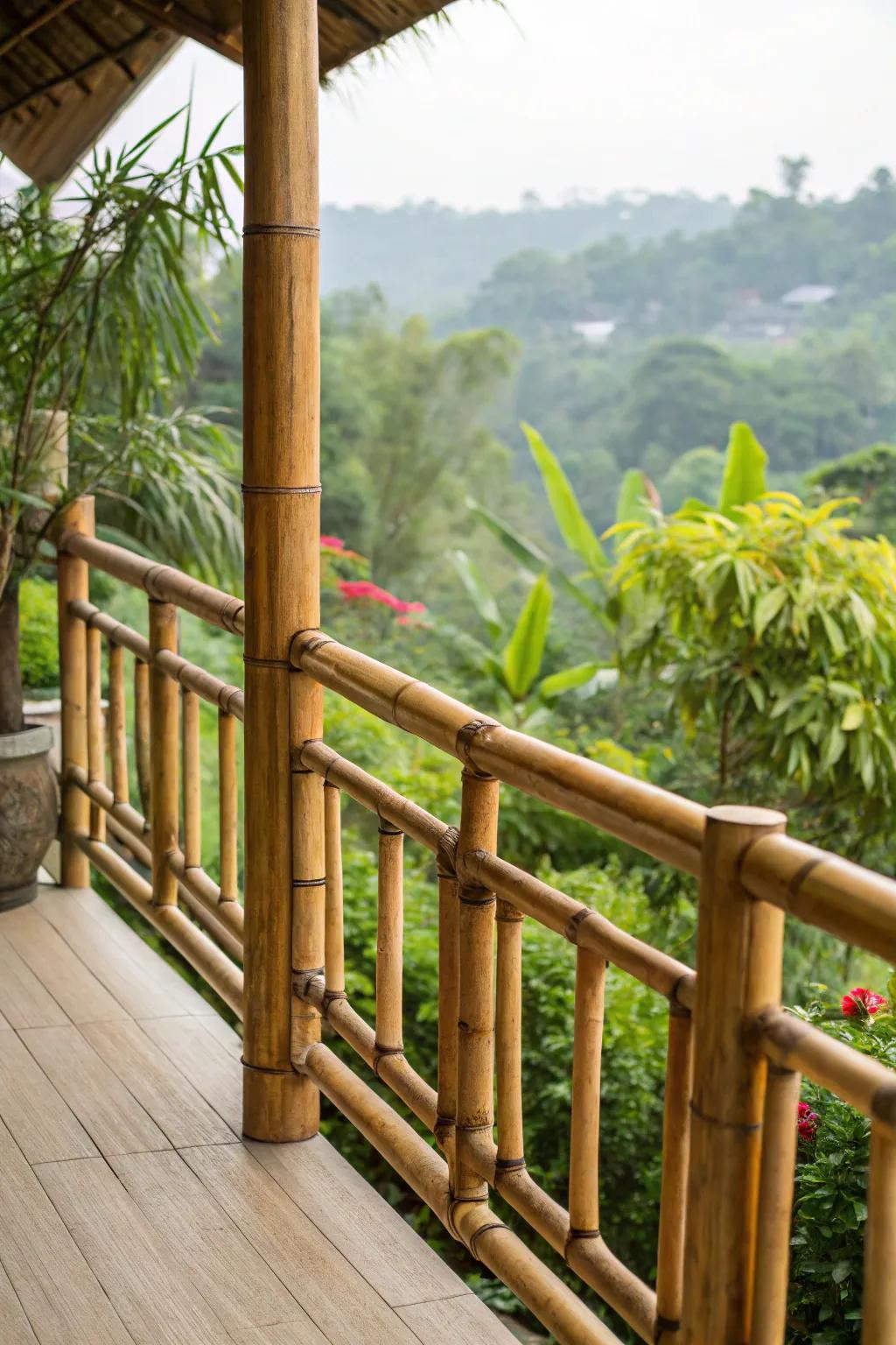 Eco-conscious bamboo balcony railings set against lush greenery