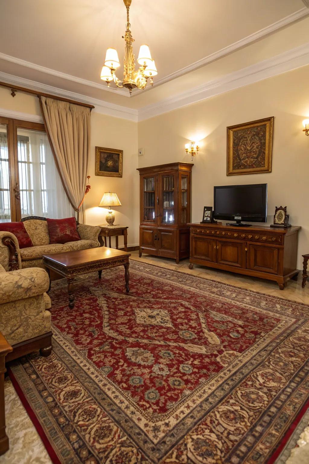 A classic lounge featuring a vintage Persian style floor covering as a focal point