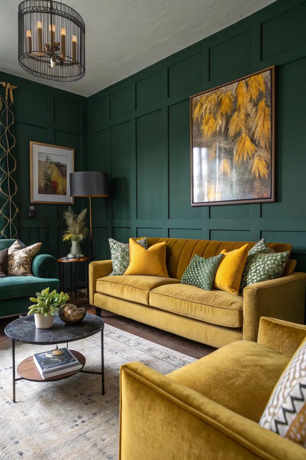 Surprising bursts of hue inject dynamism into an emerald living space.