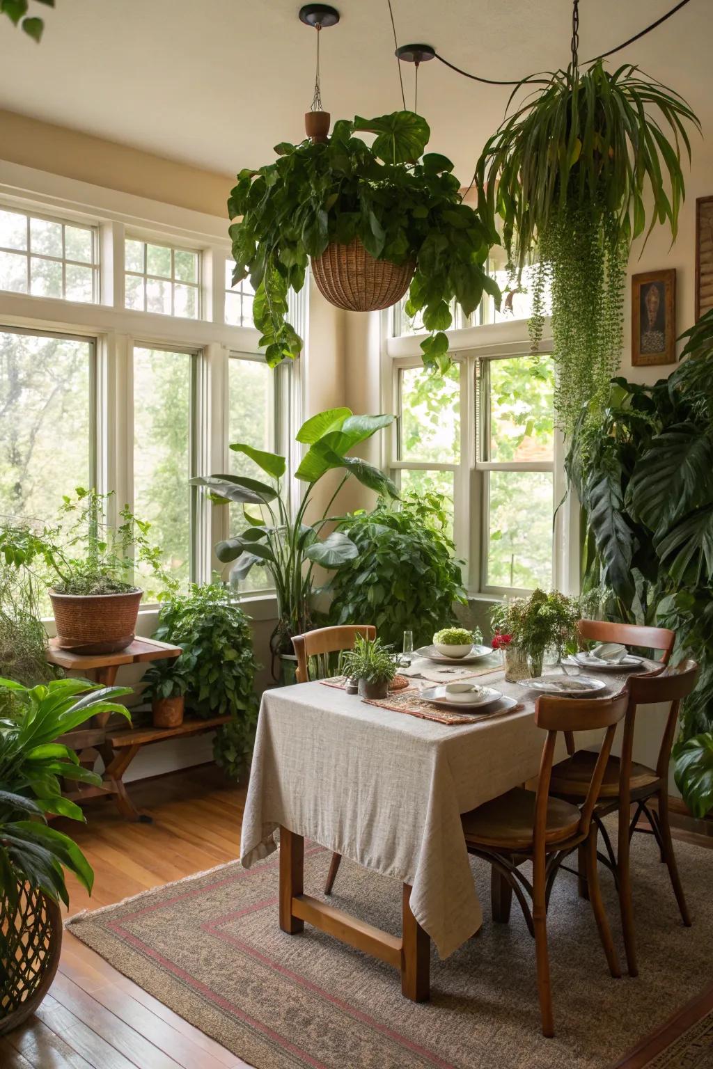 Indoor plants introduce a fresh and natural element to the dining room.
