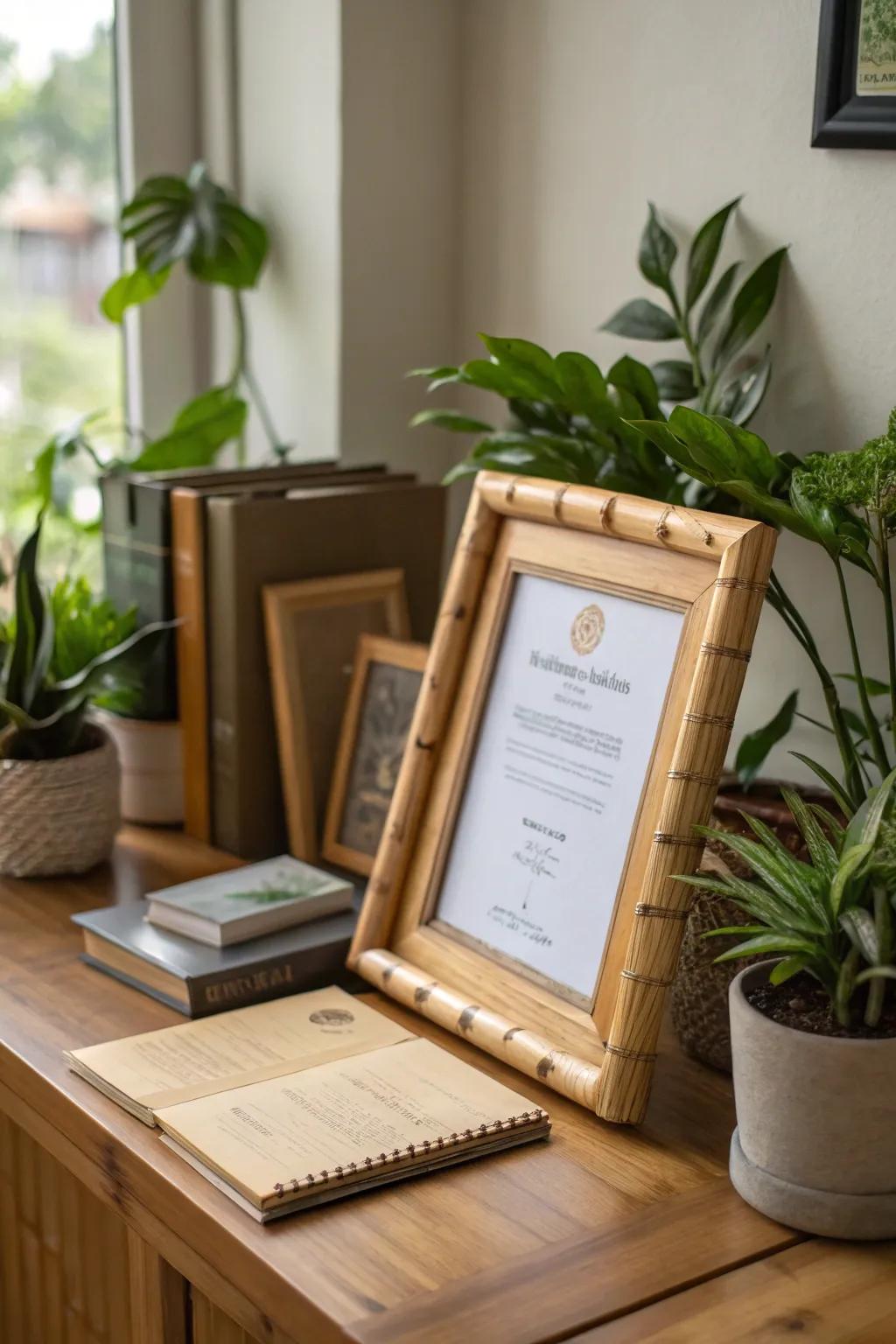 Opt for bamboo frames for a light, eco-friendly, and elegant display.