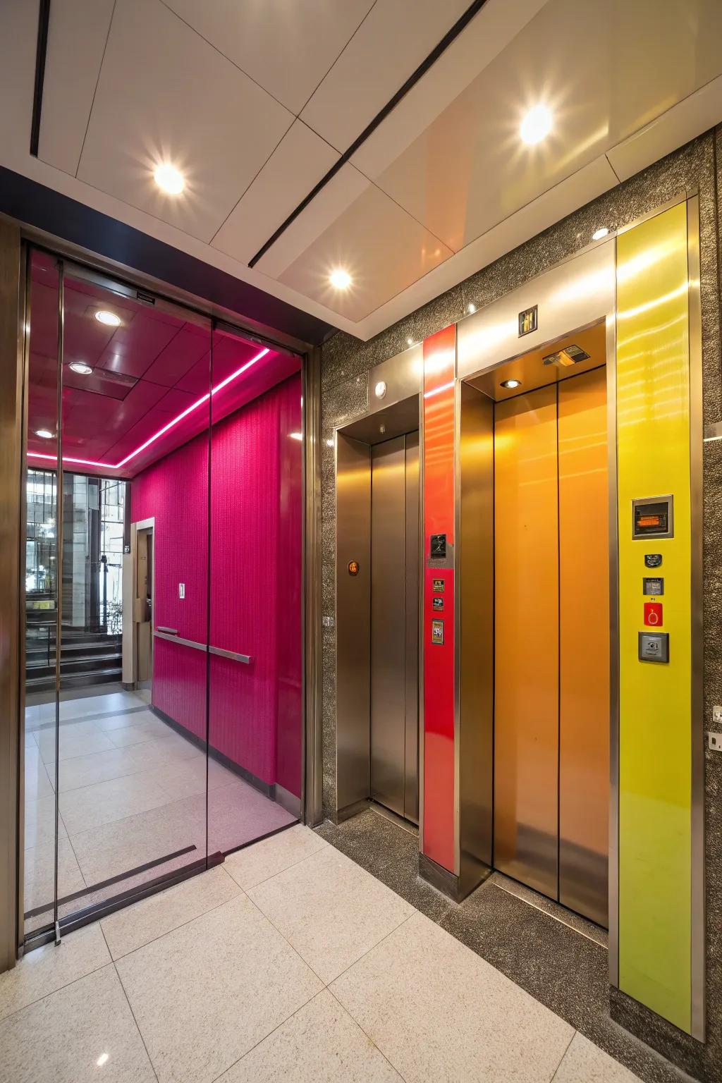 An elevator interior incorporating vibrant hue accents for appended vigor.