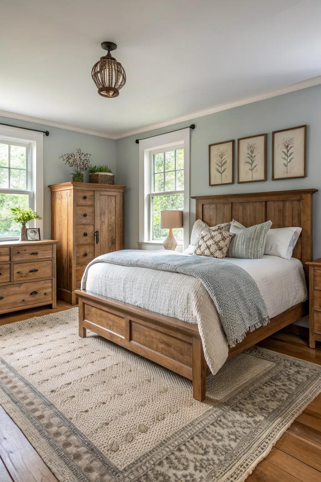 A fusion of seasoned and new features creates a balanced design in this guest bedroom.