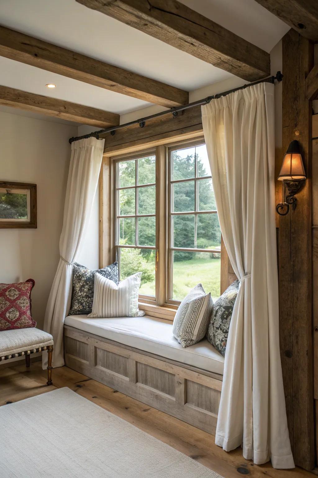 Inviting corner with fitted seating and window outlining.