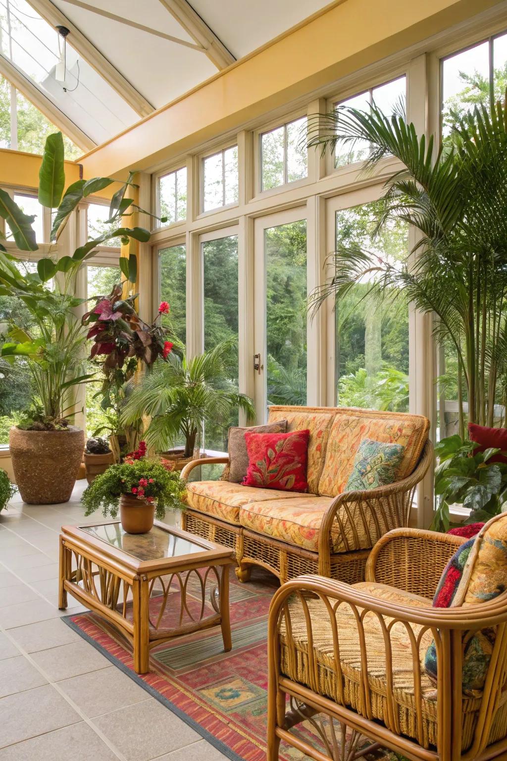 A torrid hideaway featuring bamboo furniture and lush vegetation.