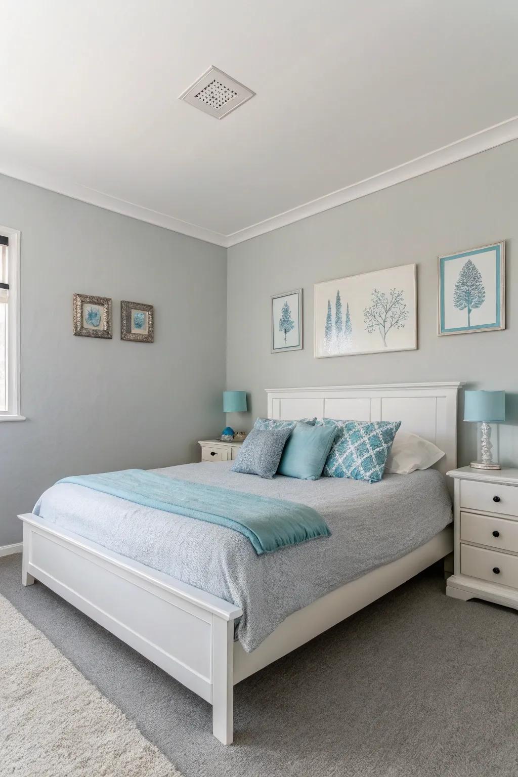 A minimalist vogue featuring ash walls and azure highlights fashions a serene bedroom.