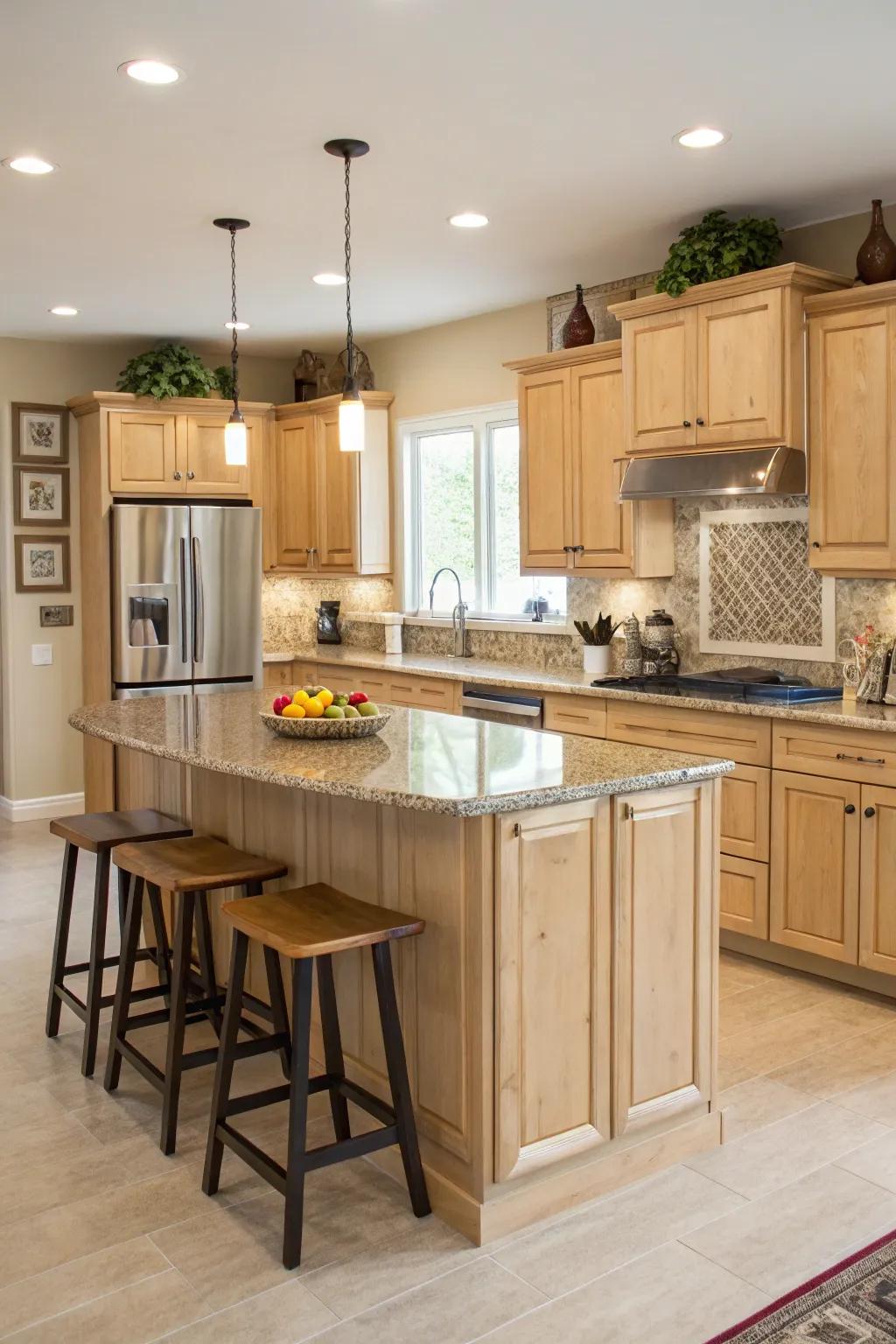 A central island with cream-colored pecan wood cabinets enhances both style and practicality.