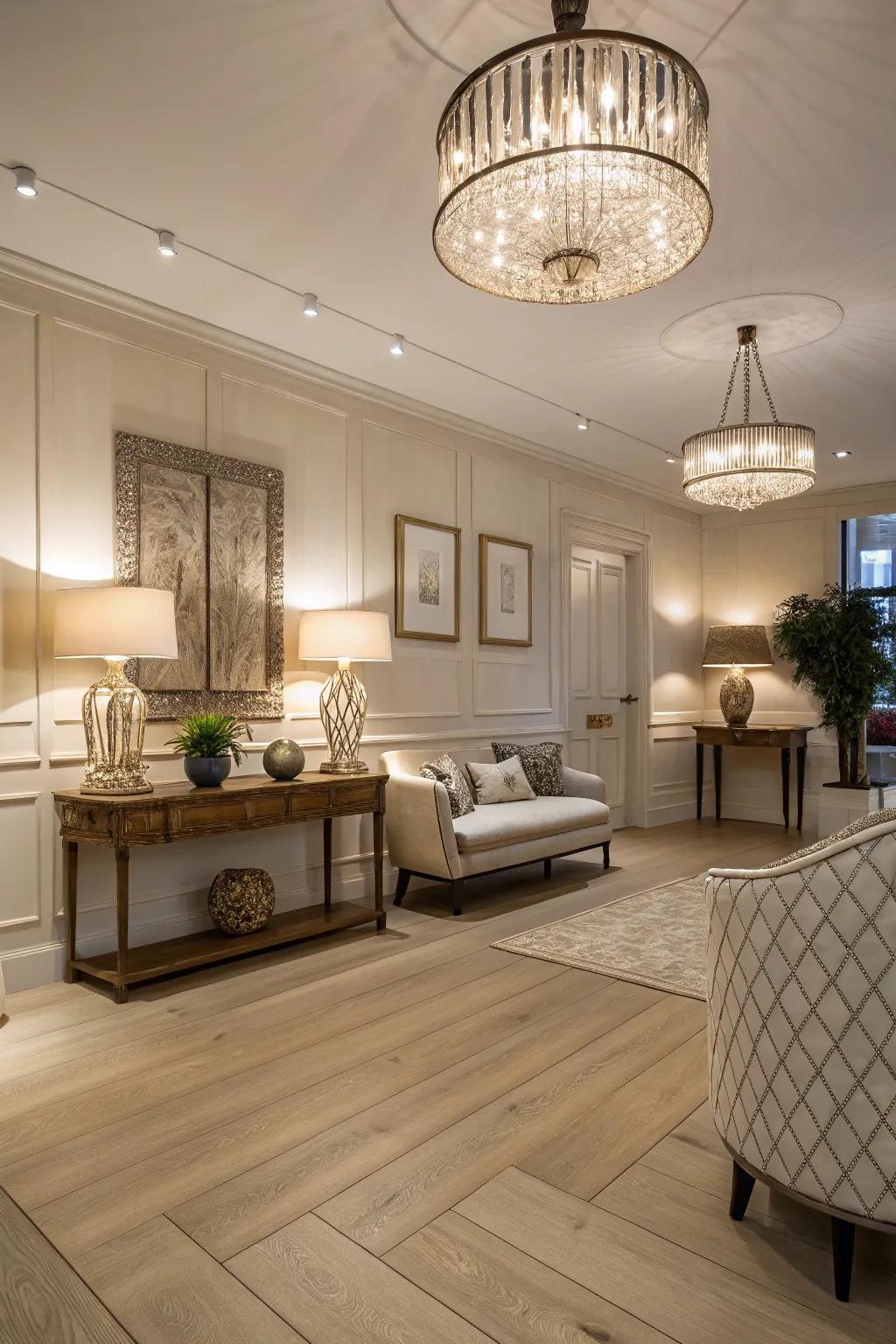 Lighting plays a crucial role in enhancing pale timber flooring.