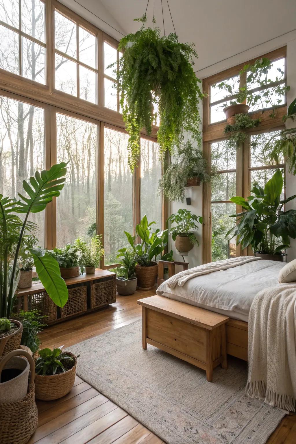 Indoor greenery brings a natural element to this serene bedroom.